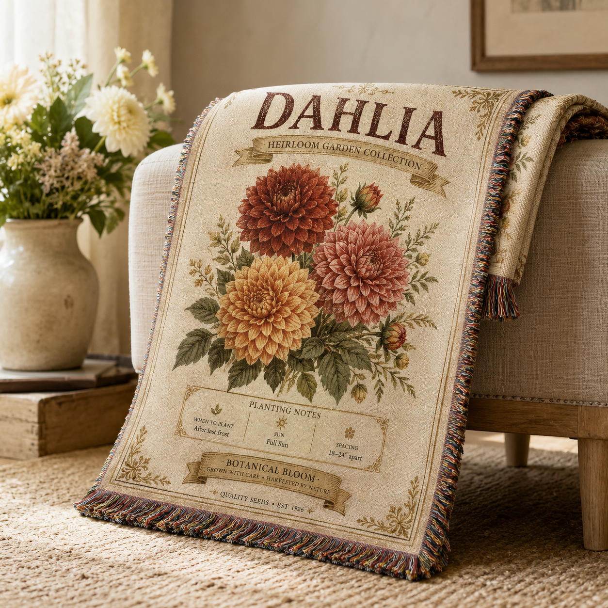 Close-up view of Dahlia woven blanket texture and multicolor fringe