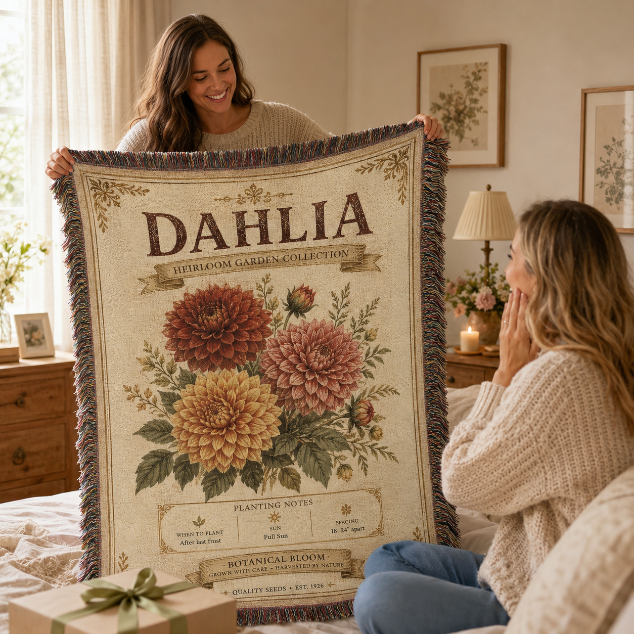 Dahlia botanical woven blanket presented as a thoughtful floral gift