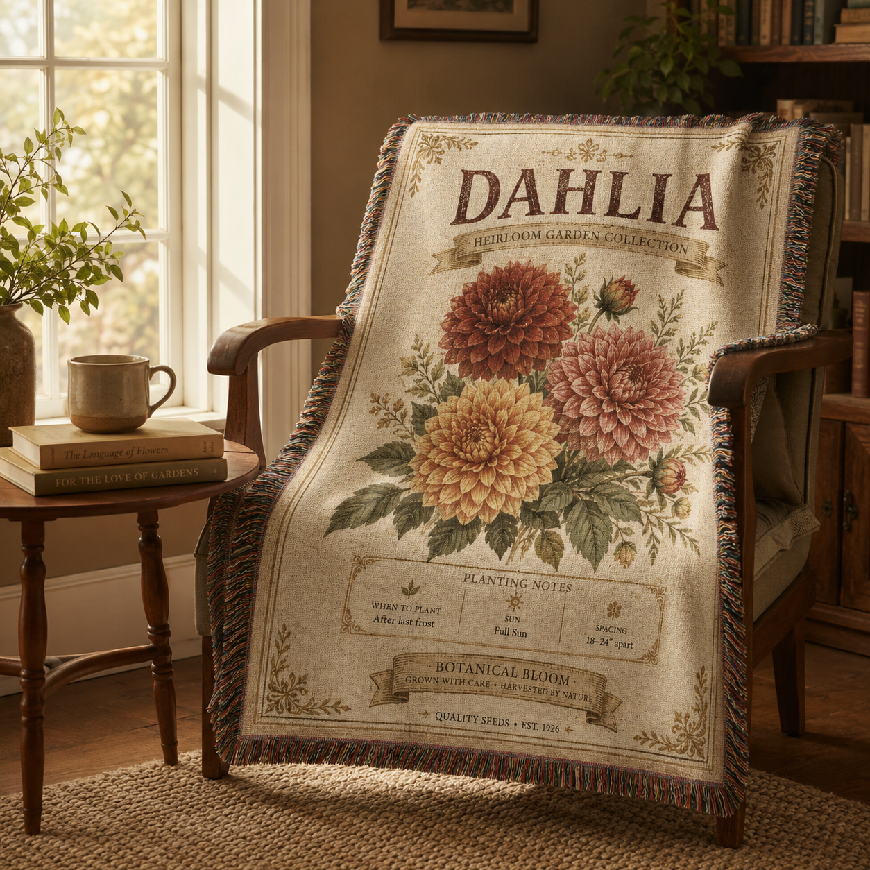 Vintage dahlia woven blanket draped over a wooden reading chair