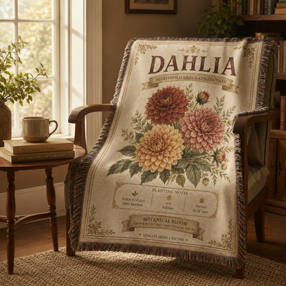 Vintage dahlia woven blanket draped over a wooden reading chair