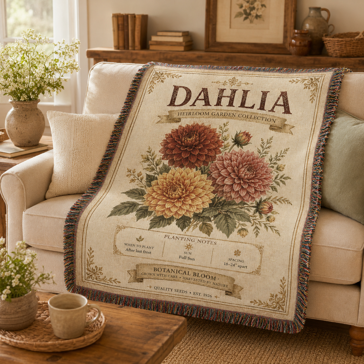 Dahlia botanical woven blanket displayed on a cozy farmhouse sofa