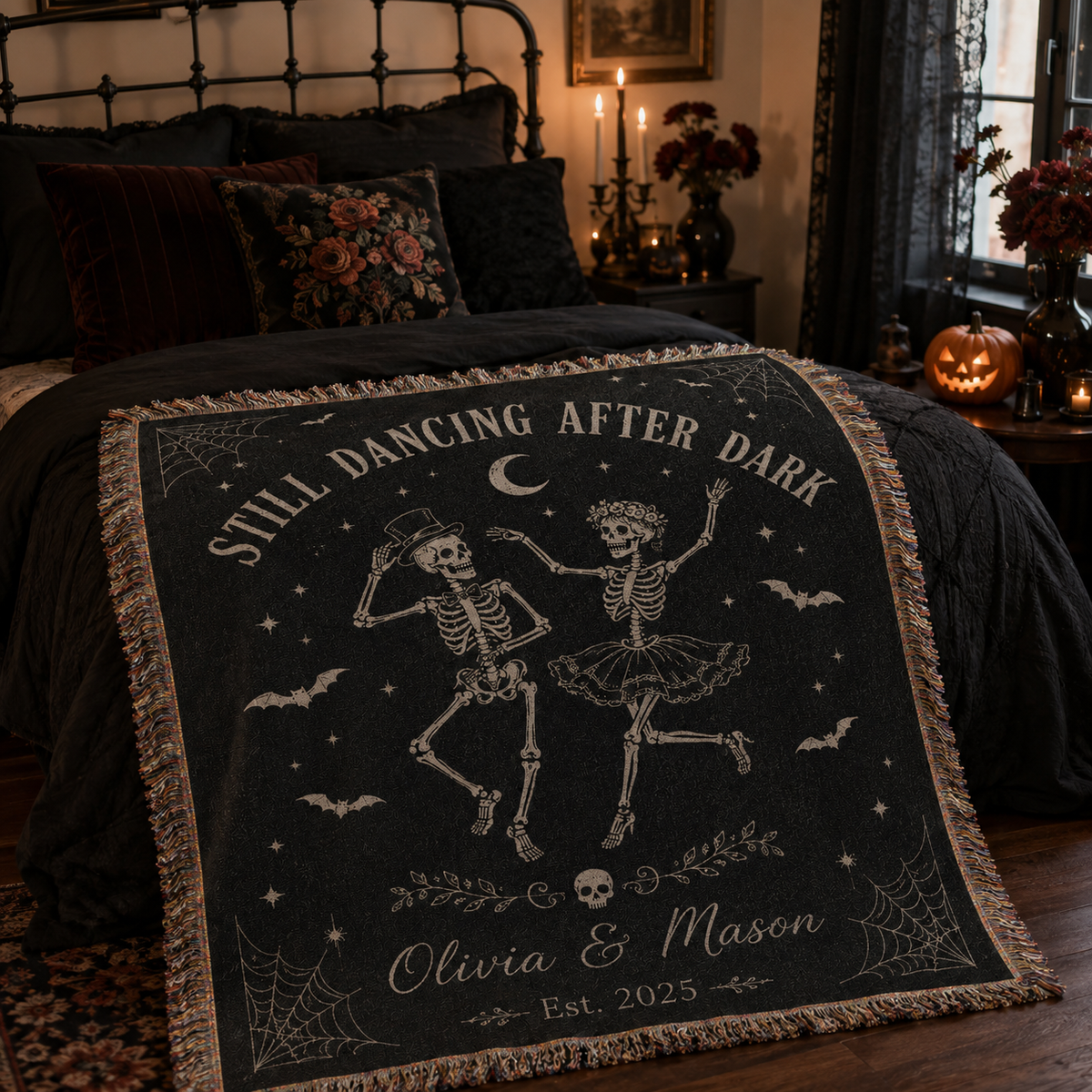 Custom skeleton couple woven blanket displayed across a gothic Halloween bed