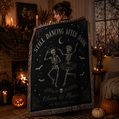Woman displaying personalized dancing skeleton couple Halloween woven blanket