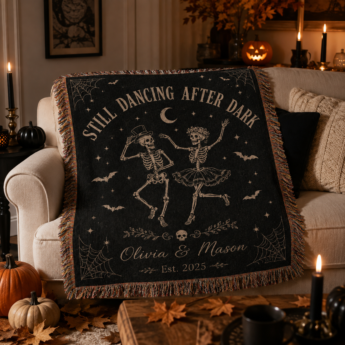 Personalized dancing skeleton Halloween woven blanket styled on a cozy living room sofa