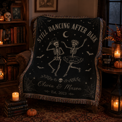 Personalized dancing skeleton woven blanket styled in a candlelit Halloween reading nook