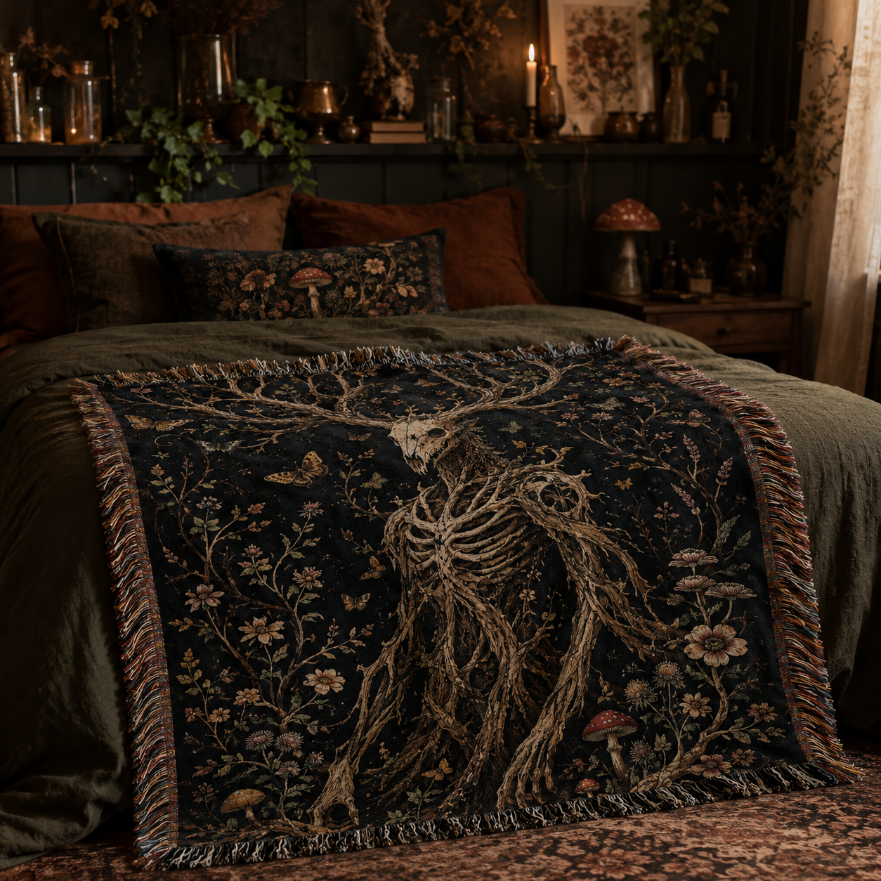 Dark forest spirit woven blanket styled across a moody cottagecore bedroom bed