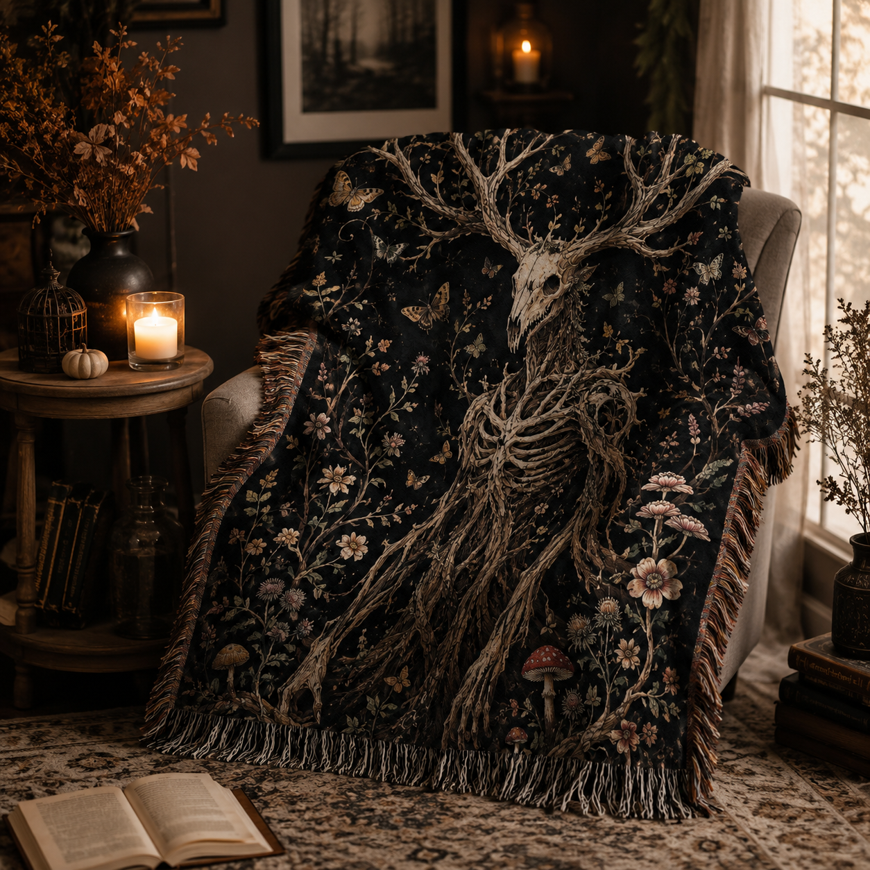 Dark botanical forest spirit woven blanket draped over a cozy reading chair