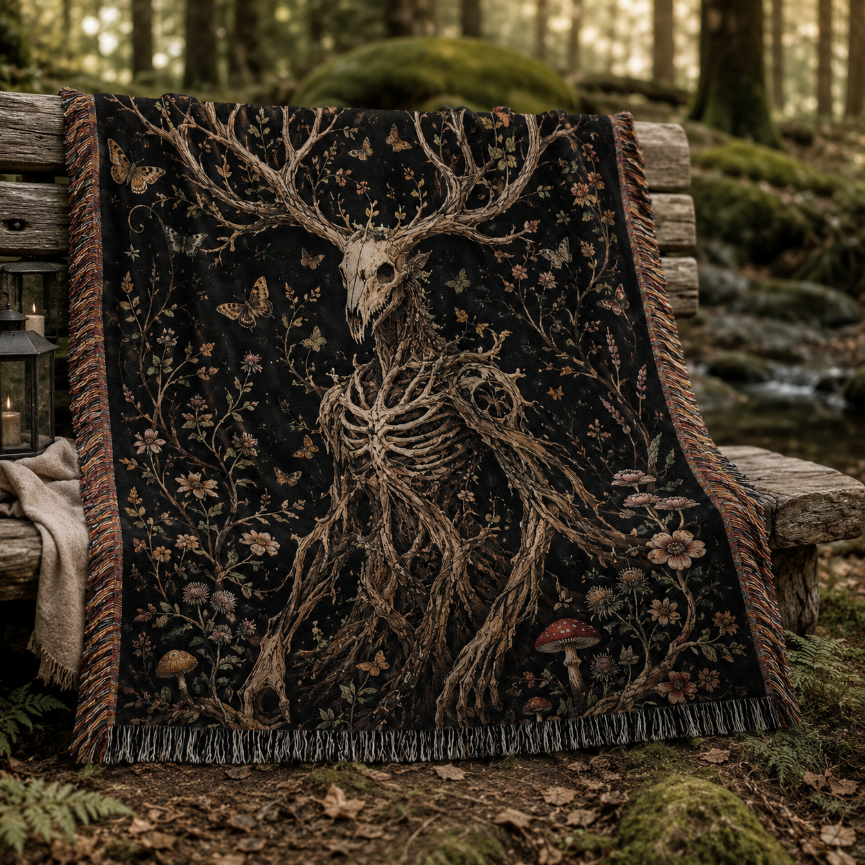 Gothic forest spirit woven blanket displayed on a rustic bench in an enchanted woodland