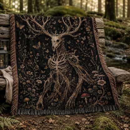 Gothic forest spirit woven blanket displayed on a rustic bench in an enchanted woodland