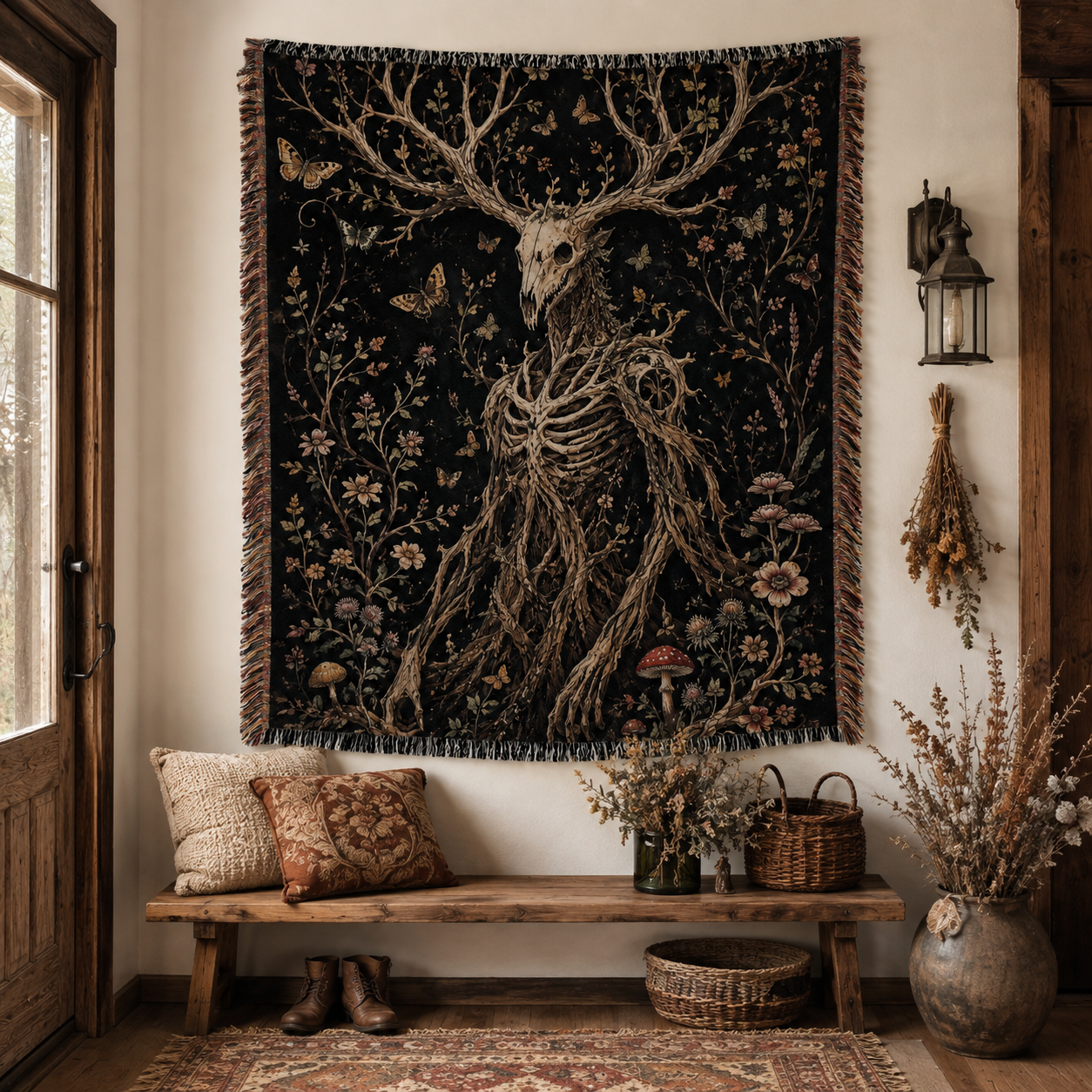 Dark forest spirit woven tapestry hanging above a rustic wooden entryway bench