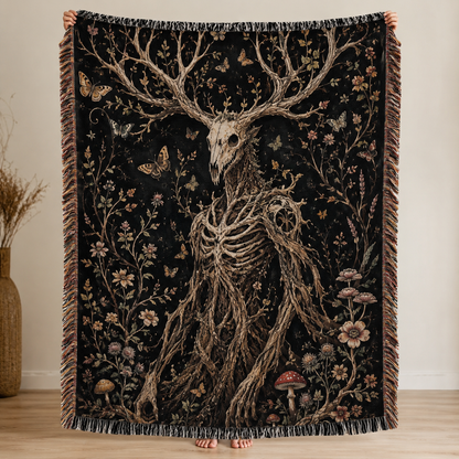 Dark forest spirit woven blanket with deer skull antlers, wildflowers, butterflies and fringe