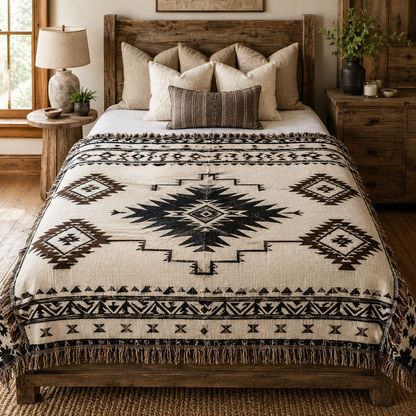 Desert Star southwestern woven blanket with cream base geometric motifs and fringe