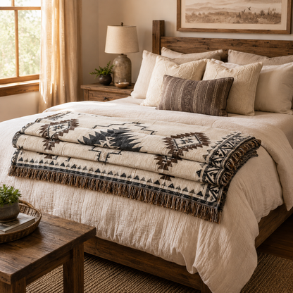 Desert Star geometric tapestry throw folded across a warm rustic bedroom bed