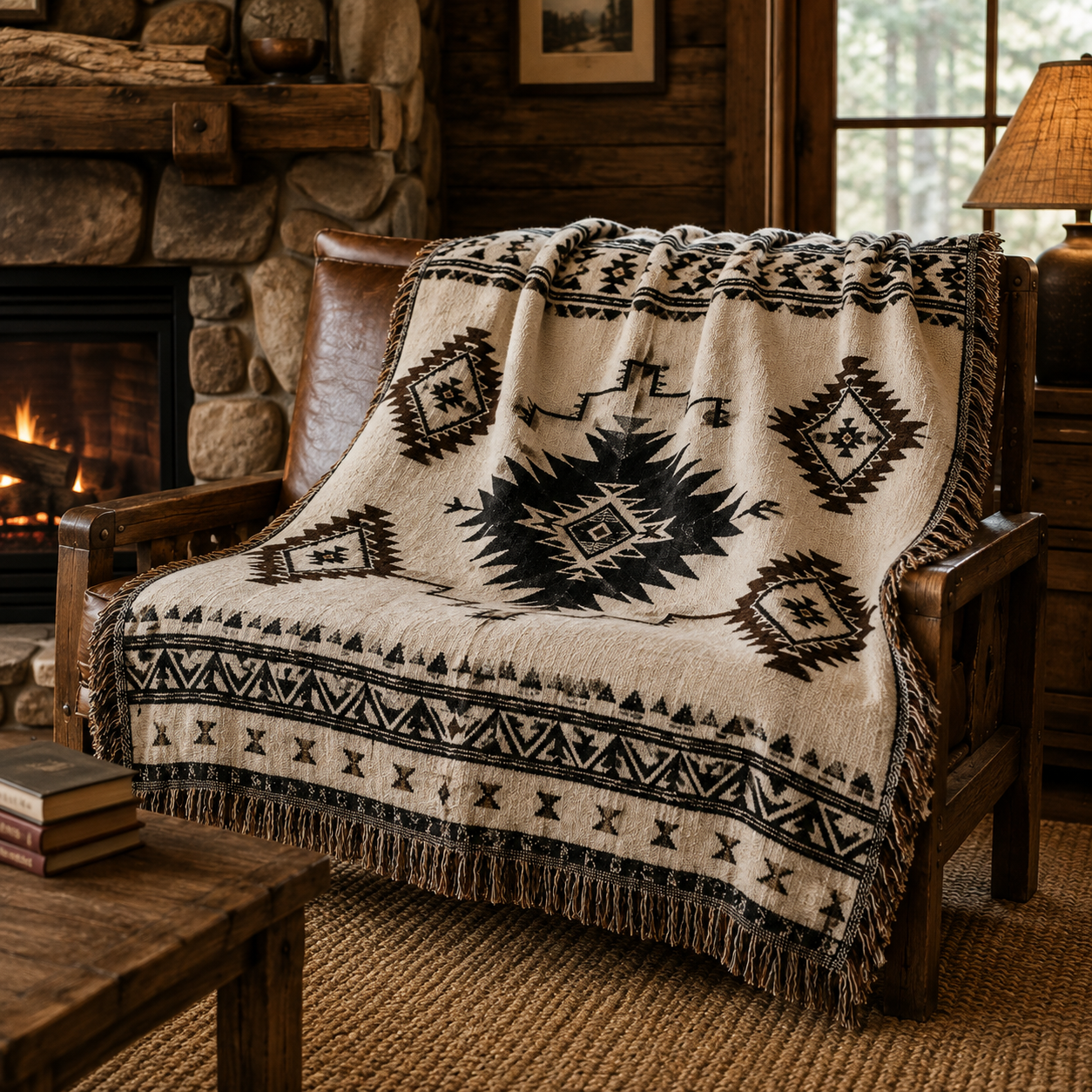 Desert Star geometric woven blanket styled beside a rustic cabin fireplace