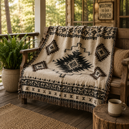 Desert Star southwestern woven blanket draped over a rustic porch bench