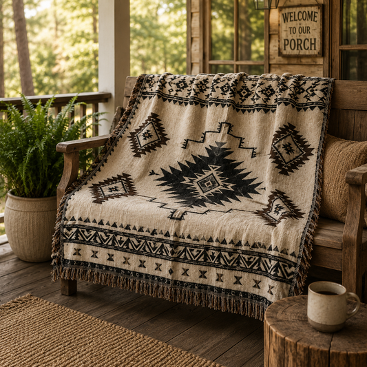 Desert Star southwestern woven blanket draped over a rustic porch bench