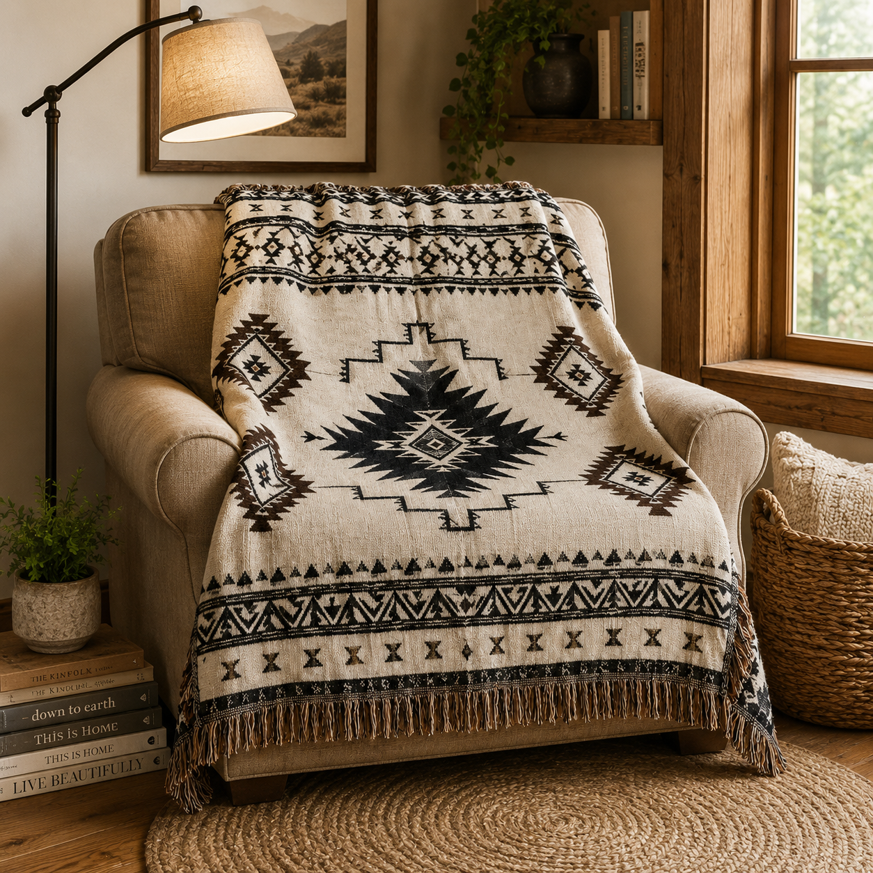 Desert Star southwestern woven blanket styled on a cozy reading chair