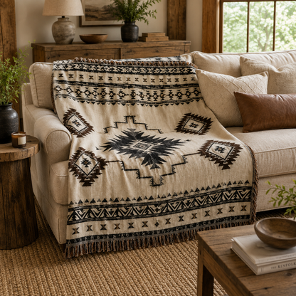 Desert Star geometric woven blanket draped over a cream rustic living room sofa