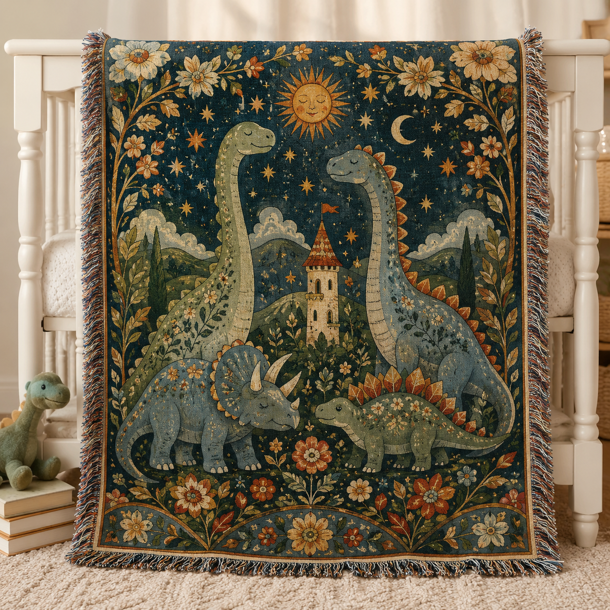 Whimsical dinosaur family woven blanket displayed on a nursery crib