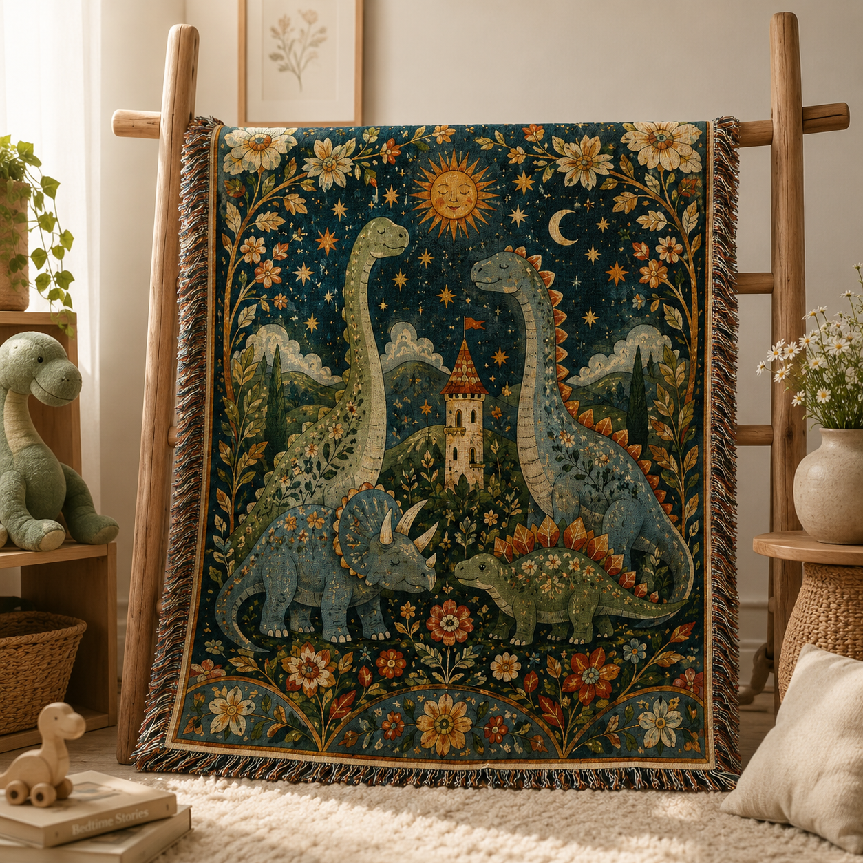 Dinosaur woven blanket displayed on a wooden blanket ladder