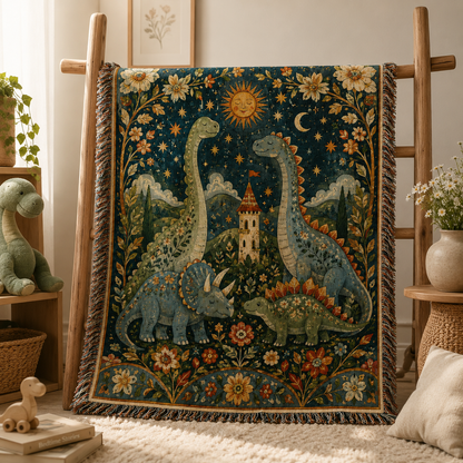 Dinosaur woven blanket displayed on a wooden blanket ladder