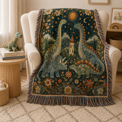 Dinosaur woven blanket styled on a cream nursery armchair