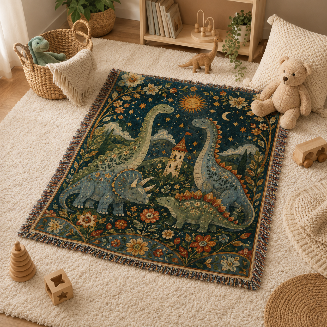 Dinosaur family woven blanket laid flat in a neutral playroom