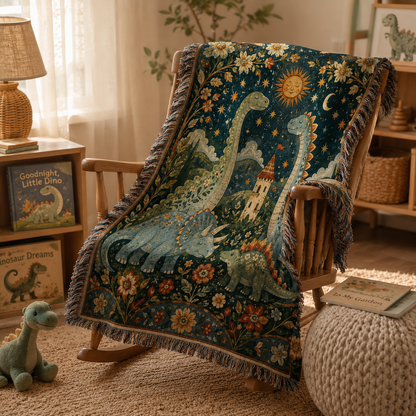 Dinosaur woven blanket draped over a wooden rocking chair in a nursery