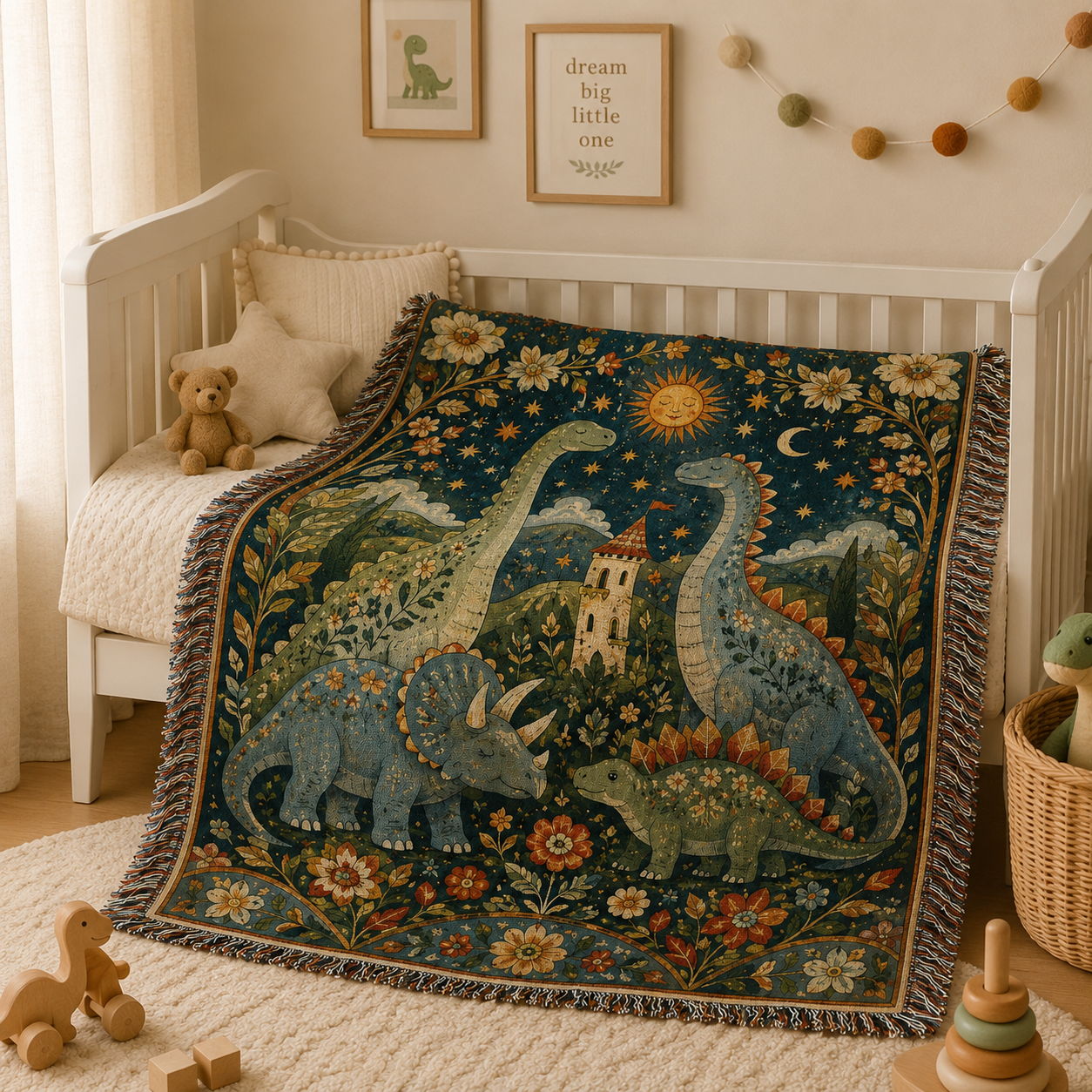 Dinosaur family woven blanket styled across a cozy toddler bed