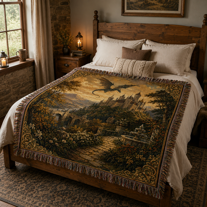 Medieval dragon castle woven blanket displayed across a rustic bedroom bed