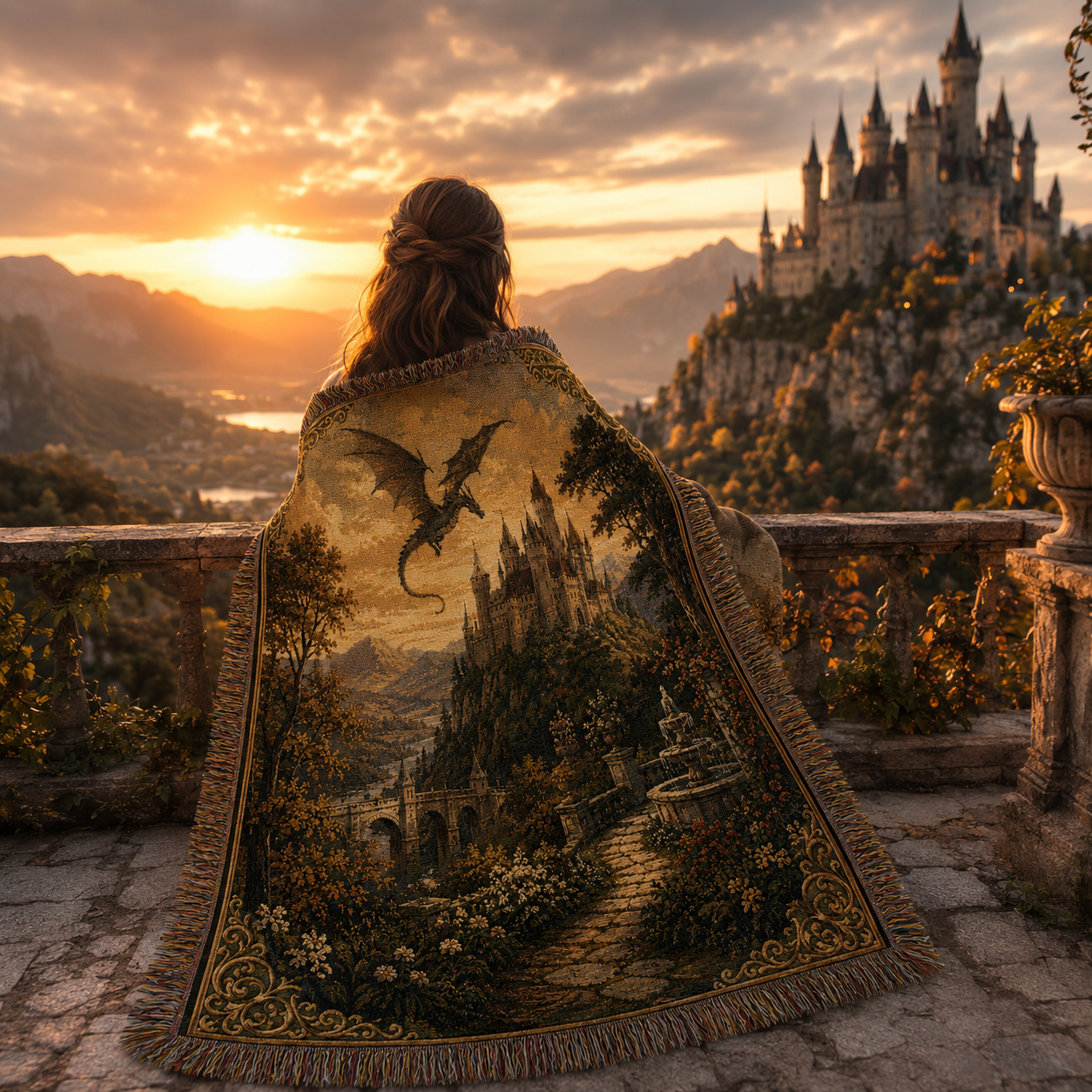 Woman wrapped in a dragon castle woven blanket overlooking a fantasy kingdom at sunset