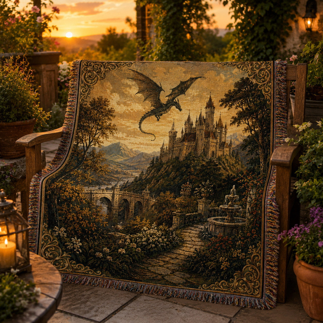 Fantasy dragon castle woven blanket styled on a garden bench at sunset