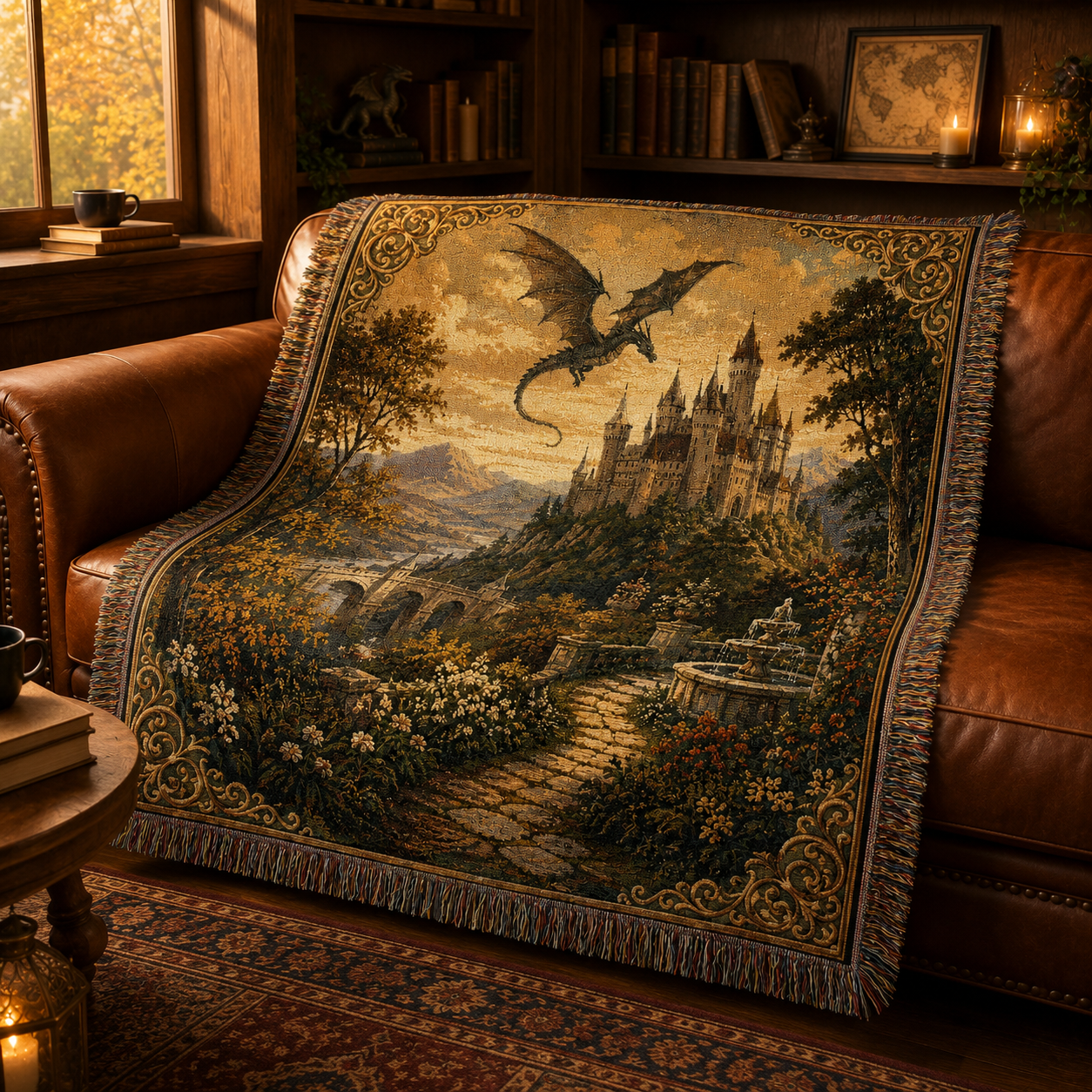 Dragon castle woven blanket styled on a leather sofa in a warm fantasy reading nook