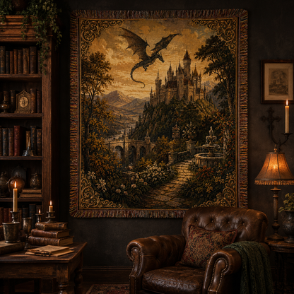 Fantasy dragon castle woven blanket displayed as wall tapestry in a dark library