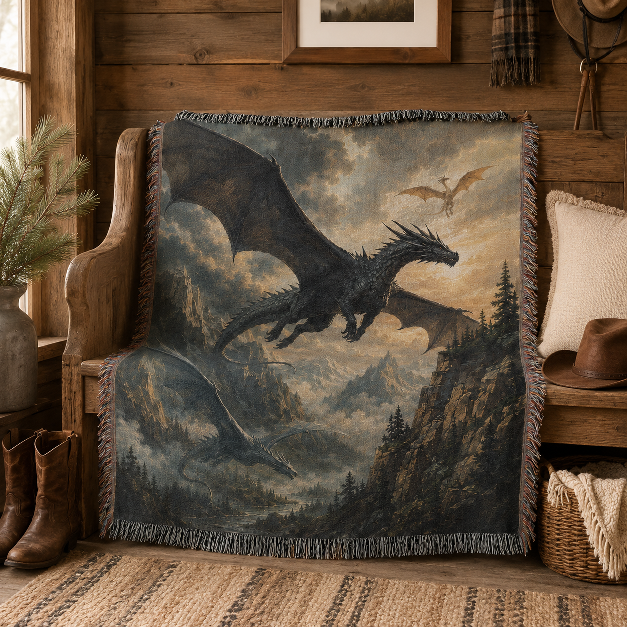 Dragon Flight fantasy woven blanket draped over a rustic cabin wooden bench