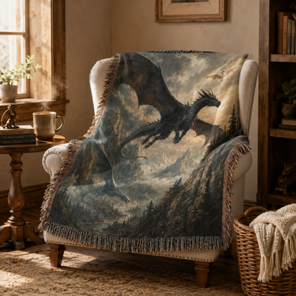 Dragon Flight fantasy woven blanket draped over a cozy reading chair with books