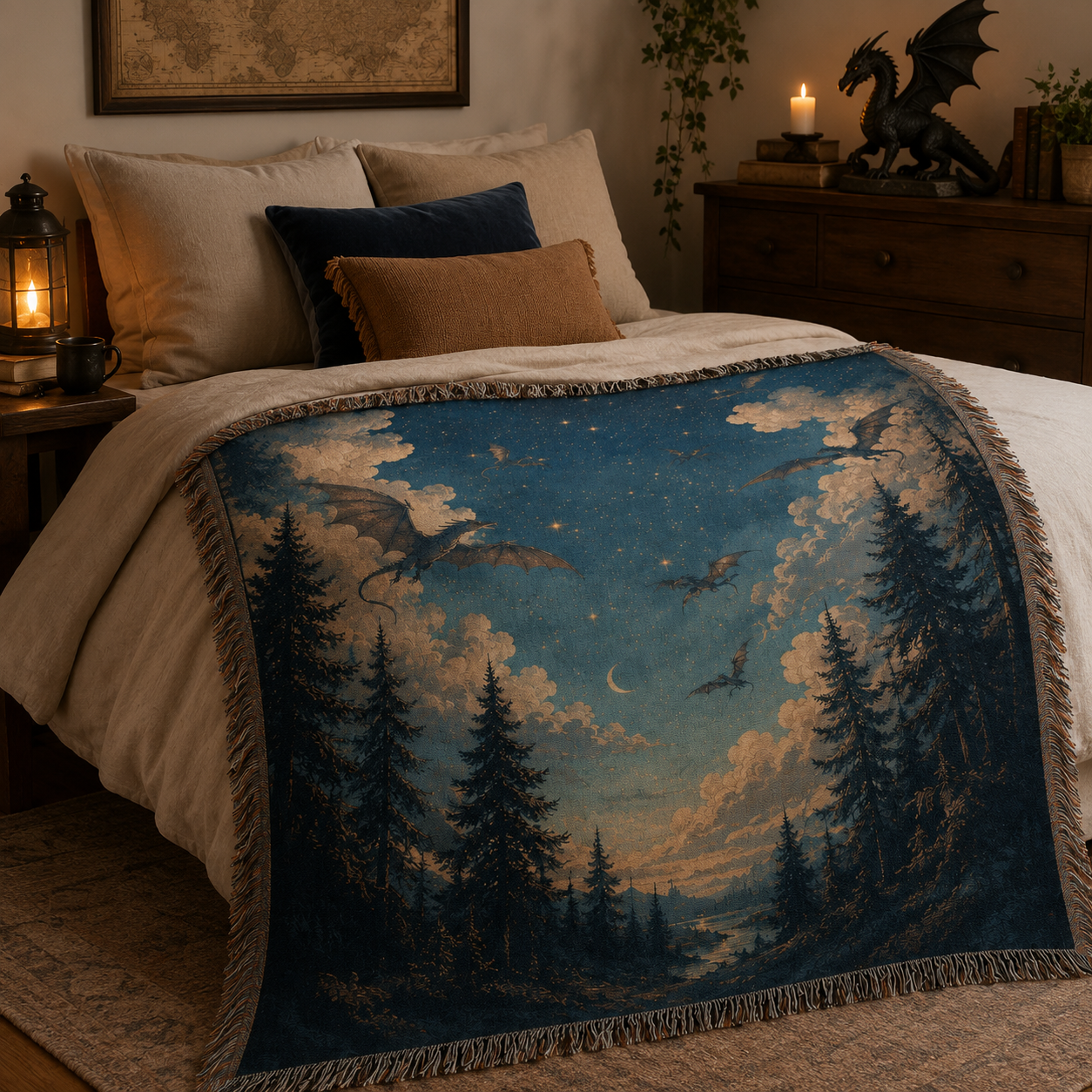 Dragon night sky woven blanket styled on a cozy bedroom bed