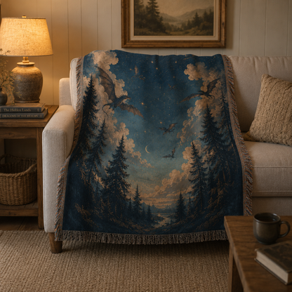 Dragon night sky woven blanket draped on a cozy sofa