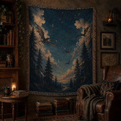 Dragon night sky woven blanket displayed as wall decor