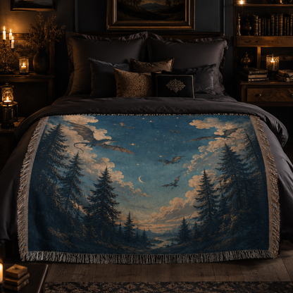 Dragon night sky woven blanket styled on a dark cozy bedroom bed