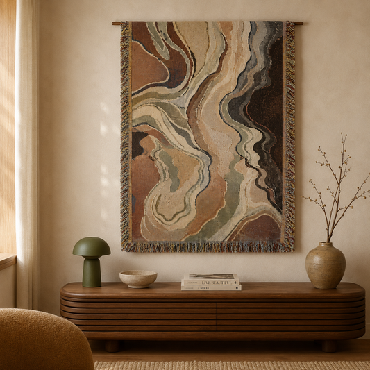 Earth tone abstract woven blanket displayed on a wall above a wooden console