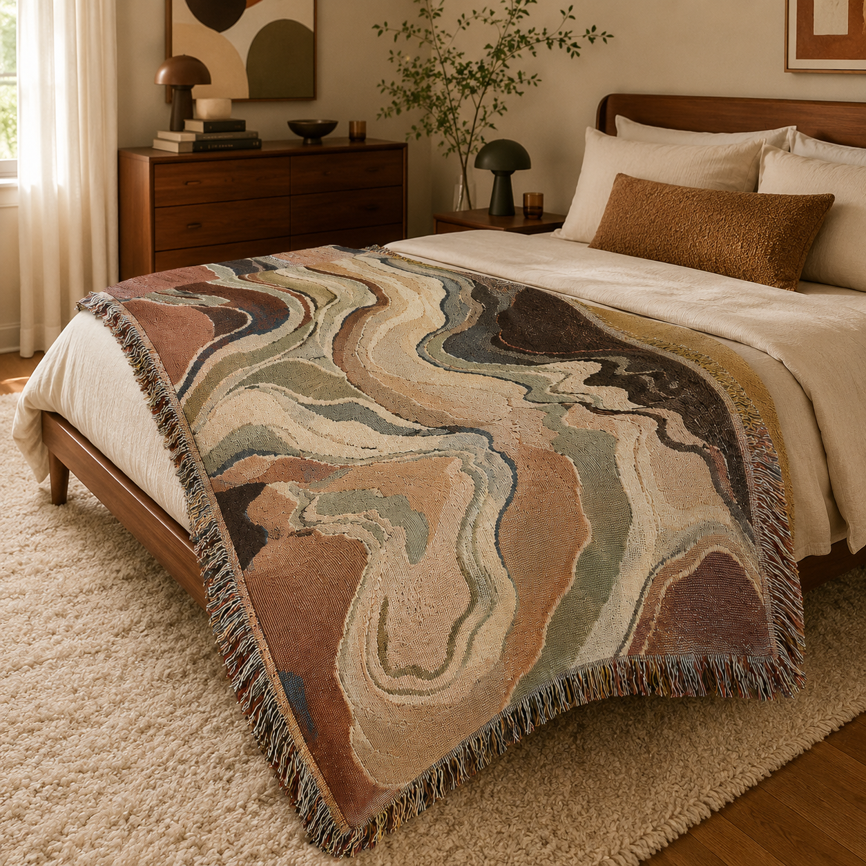 Abstract earth tone woven blanket styled across a retro modern bedroom bed