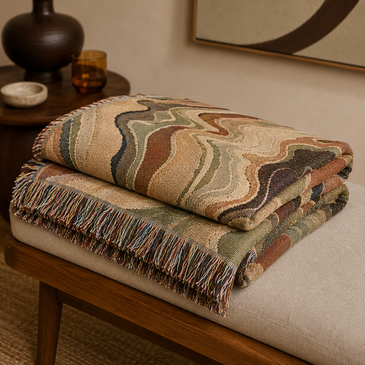 Folded earth tone abstract woven blanket showing woven texture and multicolor fringe detail