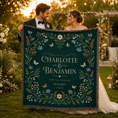 Newlywed couple holding a personalized emerald wedding blanket