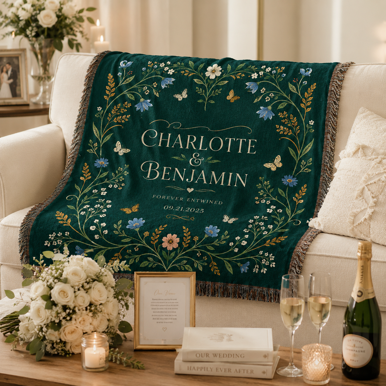 Personalized emerald wedding blanket displayed in a newlywed home