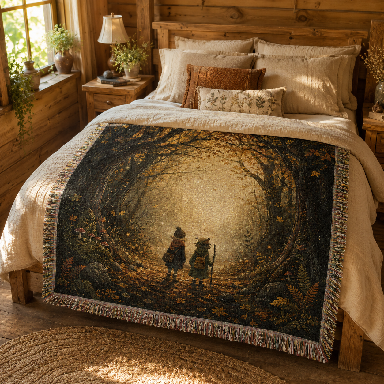 Enchanted autumn forest woven blanket styled across a rustic cabin bed