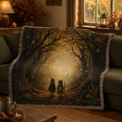 Enchanted autumn forest woven blanket styled on a dark green sofa in a cozy fall living room