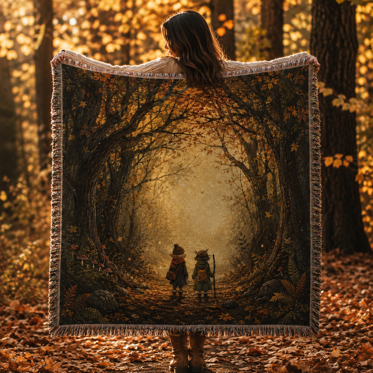 Woman holding an enchanted autumn forest woven blanket outdoors among golden fall leaves