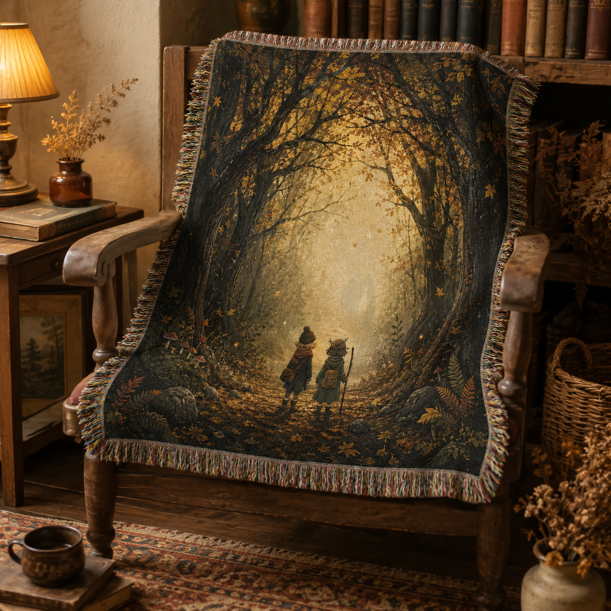 Enchanted autumn forest woven blanket displayed on a rustic reading chair beside books and warm lighting
