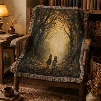 Enchanted autumn forest woven blanket displayed on a rustic reading chair beside books and warm lighting
